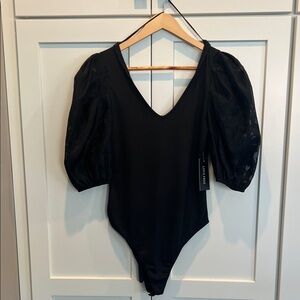 NWT Love Free Black Puff-Sleeve V-Neck Bodysuit